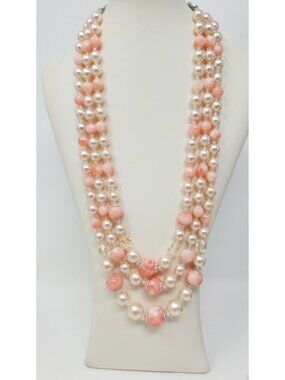 Vintage Japan Pink Pearl Necklace Multi Strand 19.5" Blush Beaded Mid Century